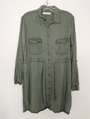 Promod Olive Green Utility Shirt Dress Button Front Belted Long Sleeve Tunic
